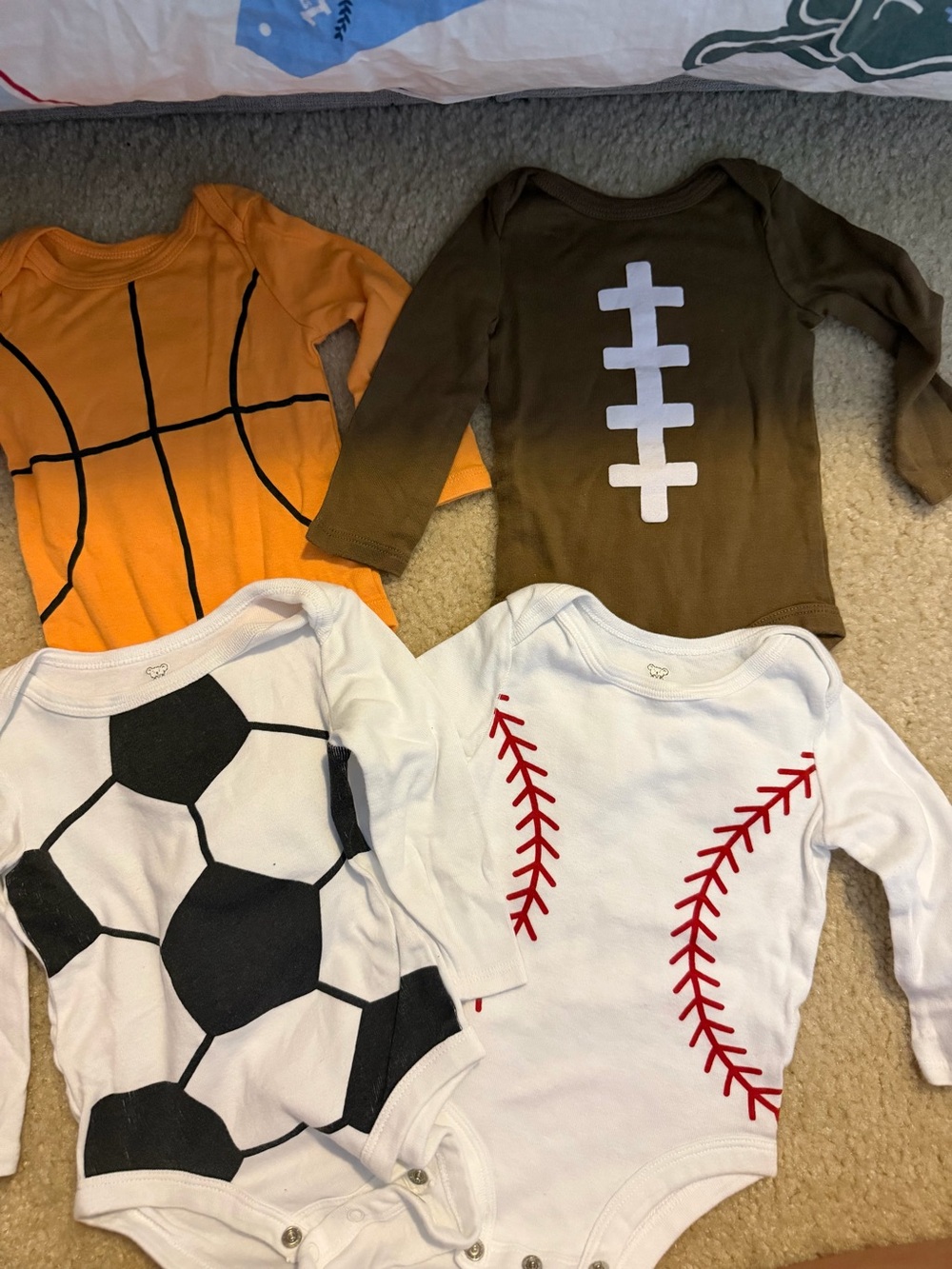 Baby Sports-Themed Long-Sleeve One-Piece Bodysuit (Orange, Brown, White)